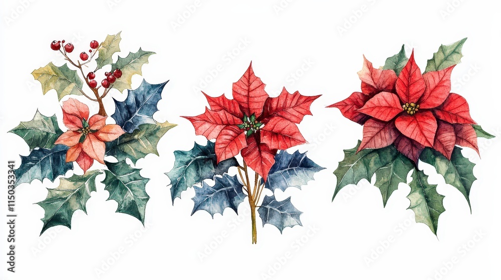 Fototapeta premium Hand-painted Holiday Flora with Poinsettia and Holly Leaves