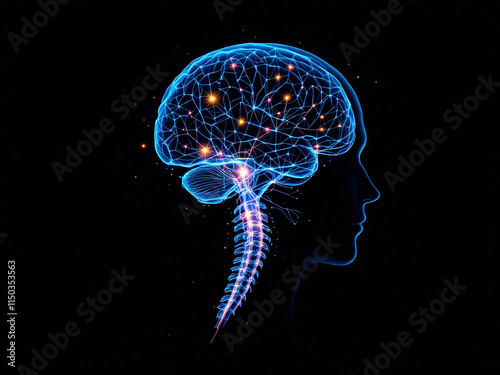 Silhouette of a human head with an illuminated brain and neural network, depicting cognitive activity.