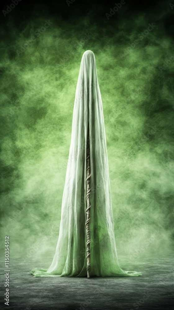 A ghostly figure in a green foggy room with a stick A ghostly figure in a green foggy room with a stick