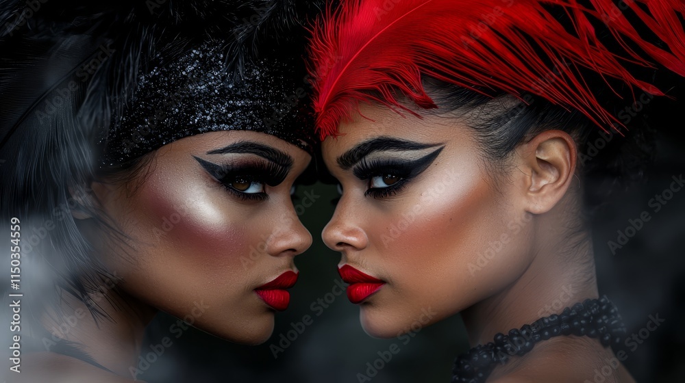 Fototapeta premium A couple of women with red feathers on their heads