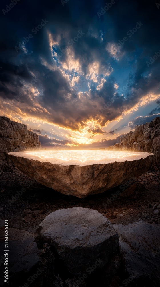 Naklejka premium A large rock in the middle of a desert under a cloudy sky