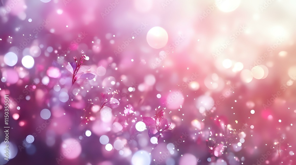 Abstract floral meadow background with vibrant blossoms, soft sunlight and shimmering light particles forming gentle bokeh textures