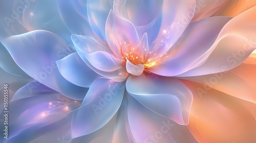 Abstract floral background with pastel petals, light sparkles and overlapping translucent layers forming an elegant bokeh pattern photo