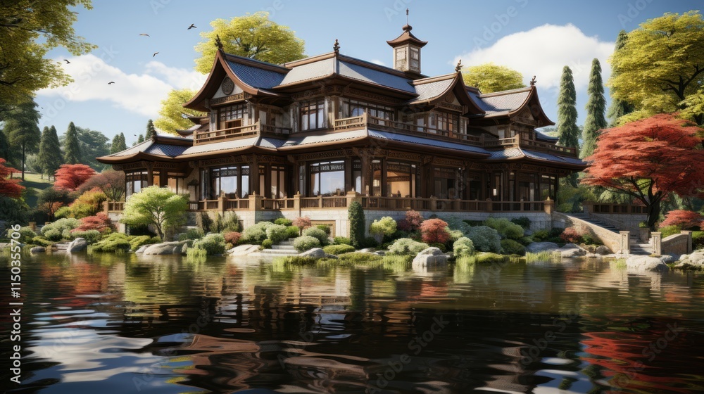 Naklejka premium Serene Asian Mansion by the Lake: A Digital Masterpiece