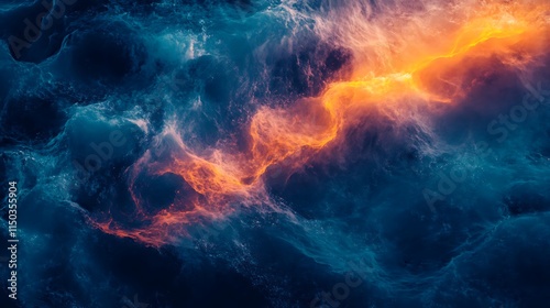 Abstract fiery and dark blue nebula swirls.