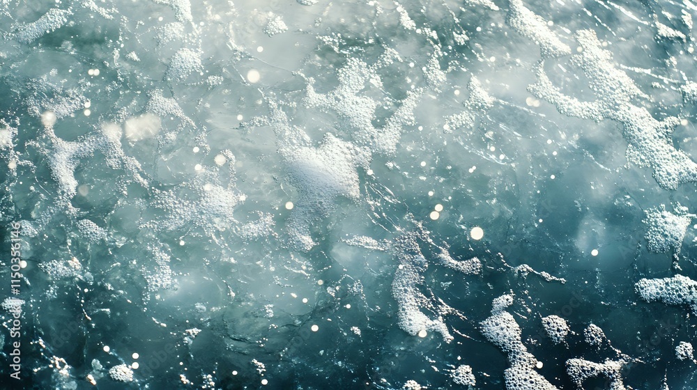 Fototapeta premium Abstract frozen lake background with icy blue and silver tones, scattered light glimmers and soft bokeh dots