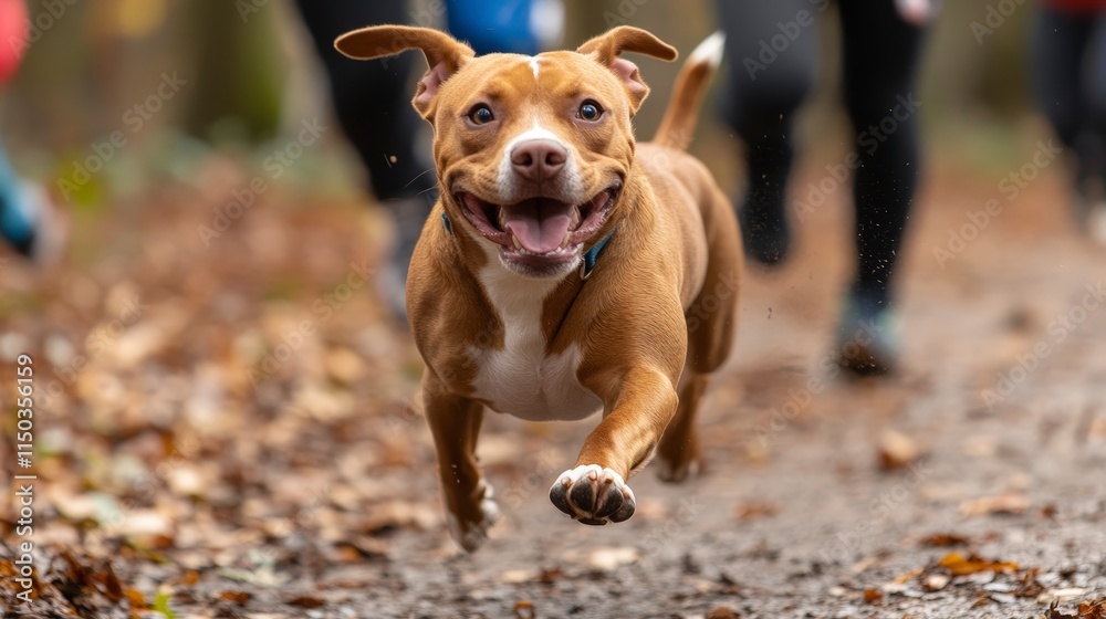 Happy Dog Running Joyfully on a Leafy Trail in Autumn Season Happy Dog Running Joyfully on a Leafy Trail in Autumn Season
