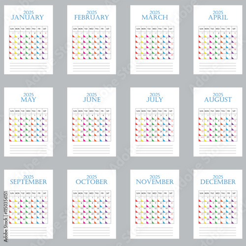 A4 Calendar Design 2025. Design an A4-sized 2025 calendar featuring all 12 months, with one month displayed per page. Each page should include a clean and minimalist layout, ensuring easy readability.