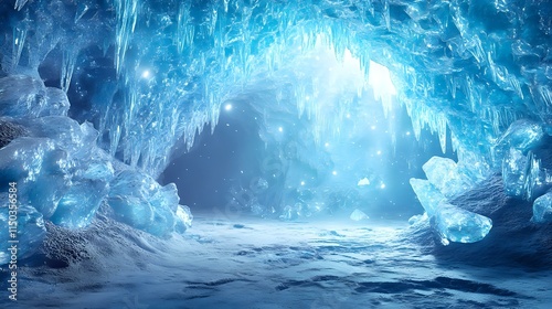 Abstract icy cave background with frosted silver and blue textures, shimmering crystals and glowing bokeh-like light effects