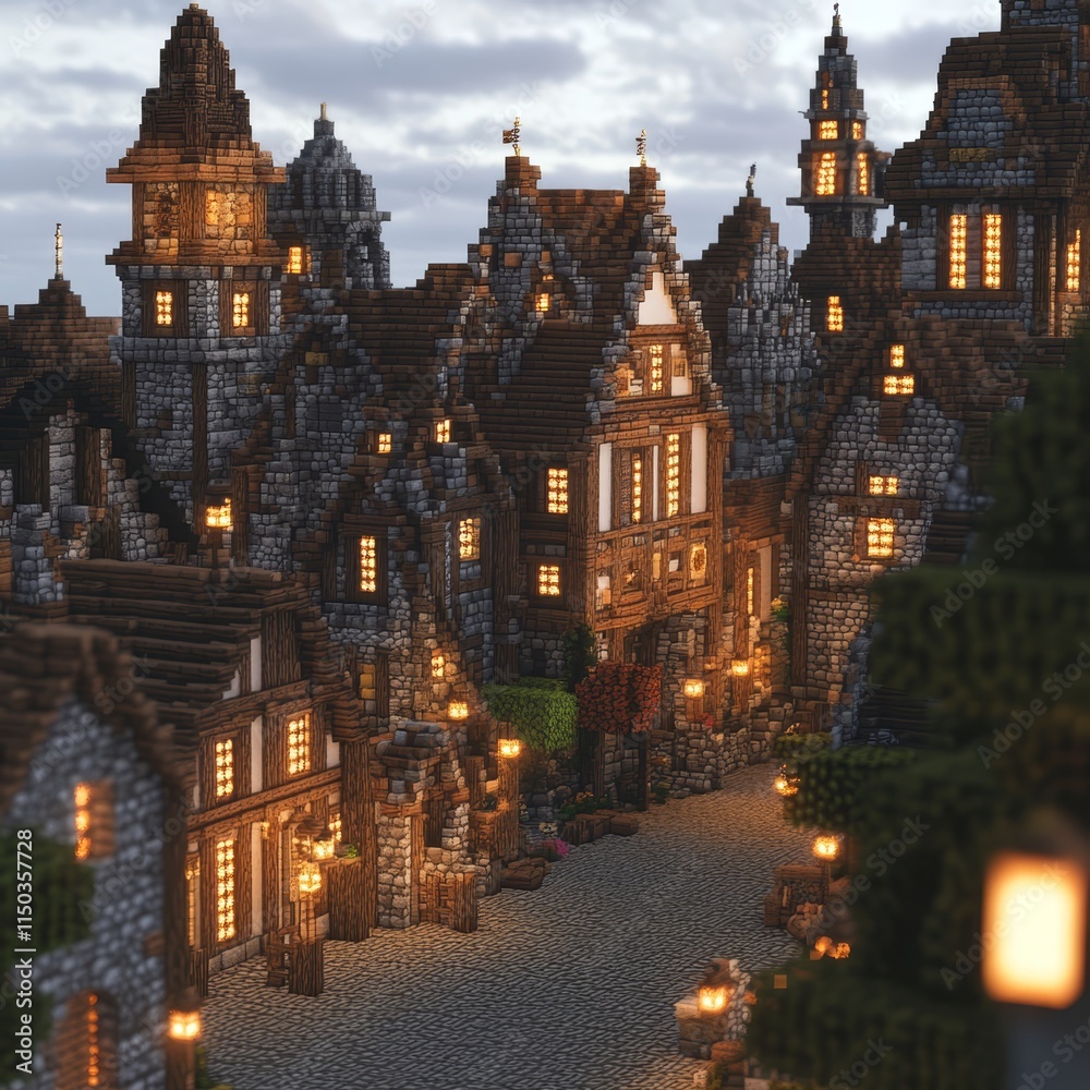 Fototapeta premium A small town with a lot of buildings and lanterns