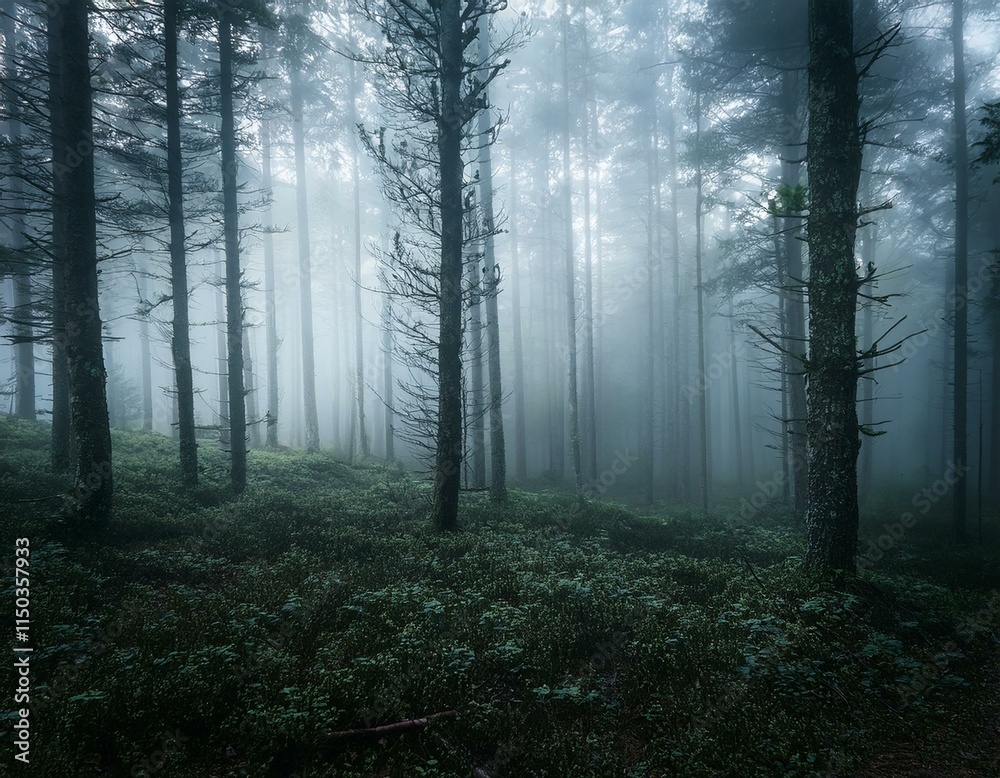 Obraz premium Generated image dark foggy forest panorama view