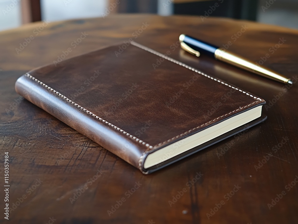 Elegant Brown Leather Notebook with Pen on Wooden Table, Perfect for Journaling Elegant Brown Leather Notebook with Pen on Wooden Table, Perfect for Journaling