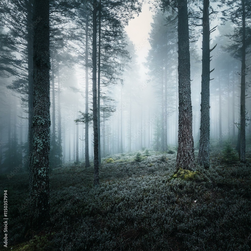 Naklejka premium Generated image dark foggy forest panorama view