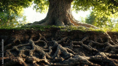 Majestic tree with expansive roots in sunlit forest highlighting nature's strength and complexity photo