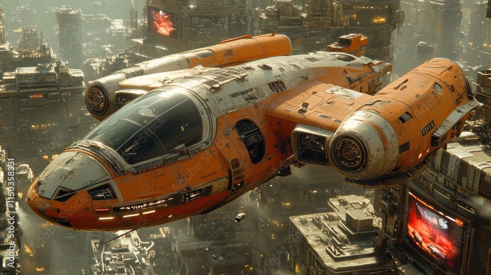Naklejka premium A futuristic spacecraft soaring above a bustling cityscape.