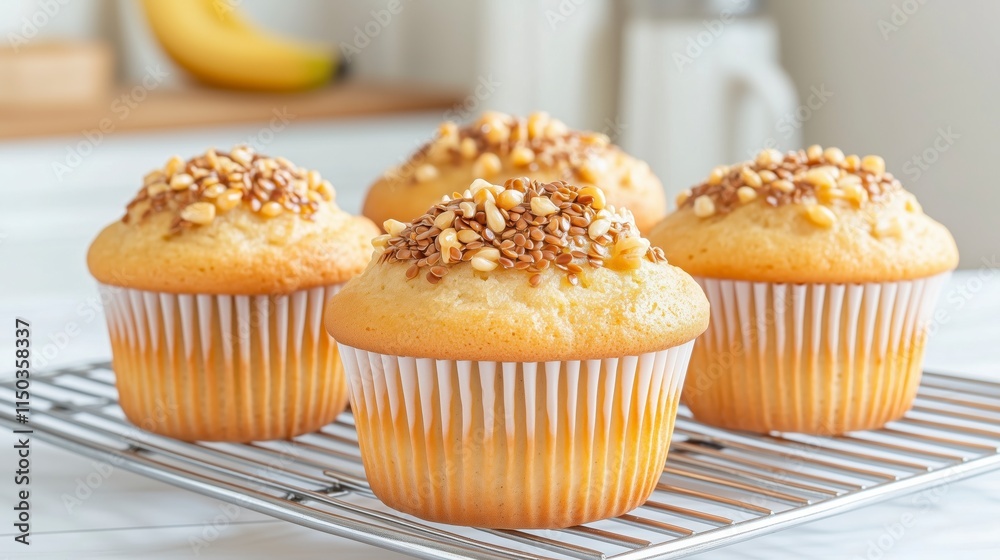 Freshly Baked Banana Muffins with Toppings on Cooling Rack in Bright Kitchen Freshly Baked Banana Muffins with Toppings on Cooling Rack in Bright Kitchen
