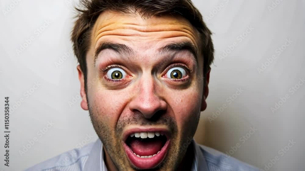 Shocked and surprised man with expressive wide-open eyes and exaggerated facial expressions in a humorous setting. 4K video
