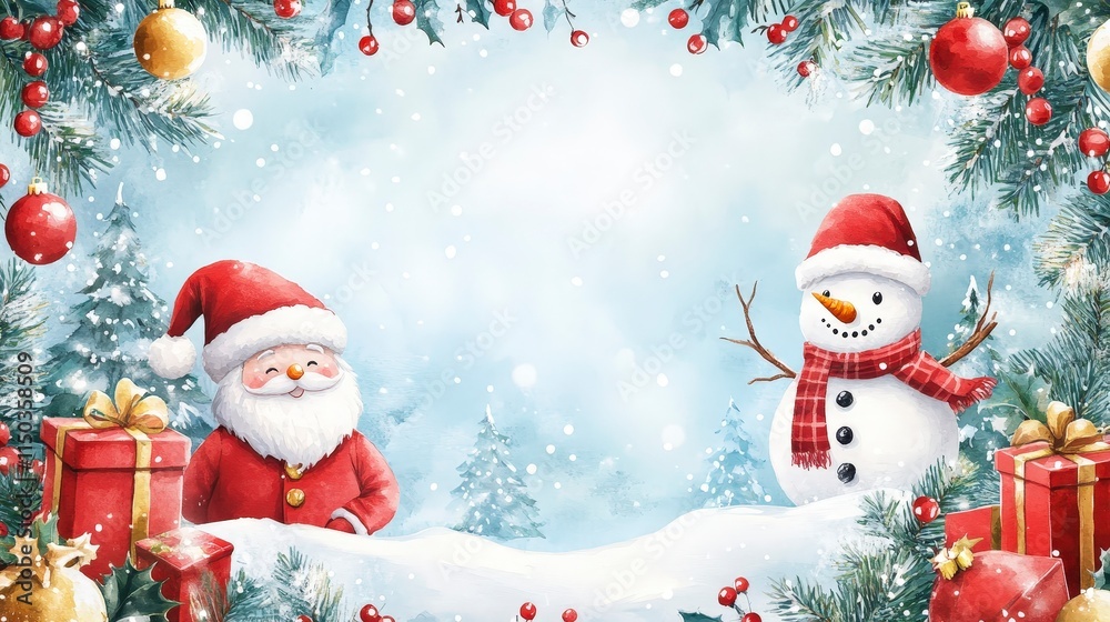 Fototapeta premium Cheerful Santa Claus and Snowman in a Festive Holiday Scene