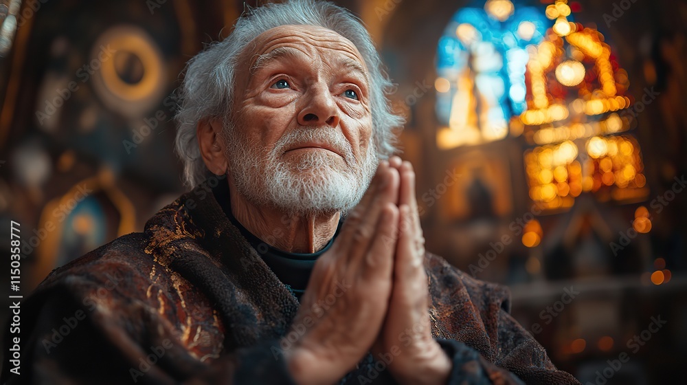 An elderly man praying in a church with hands together, expressing gratitude and faith An elderly man praying in a church with hands together, expressing gratitude and faith