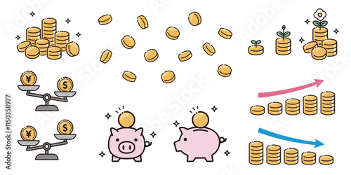 いろいろなシチュエーションのお金やコインのシンプルなベクターイラストセット
