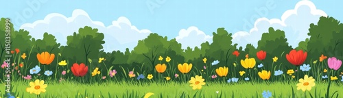A vibrant field of blooming flowers under a clear blue sky and fluffy clouds, showcasing nature's beauty.