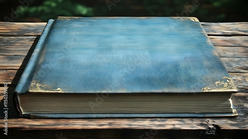 Closed antique blue leather book on wooden table.
