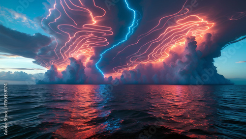 Futuristic Horizon with Anamorphic Storm Clouds Glowing in Neon Light photo