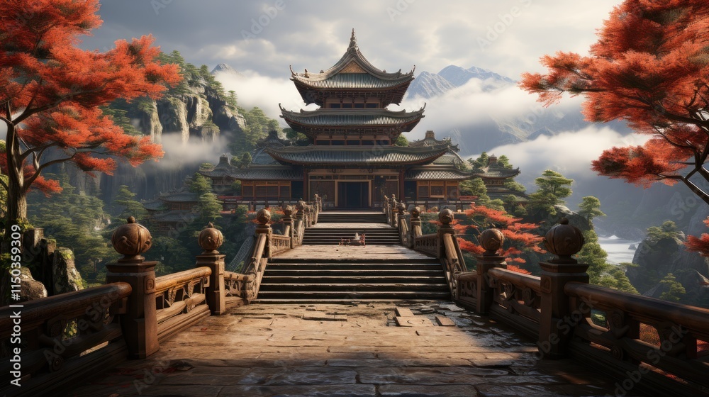 Fototapeta premium Serene Mountain Temple: A Digital Painting of an Asian Temple Nestled in Misty Mountains