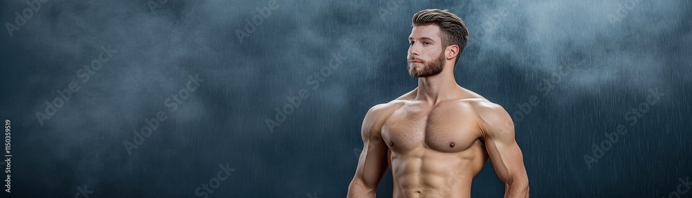 Fototapeta premium Muscular man posing confidently against a dramatic smoky background.