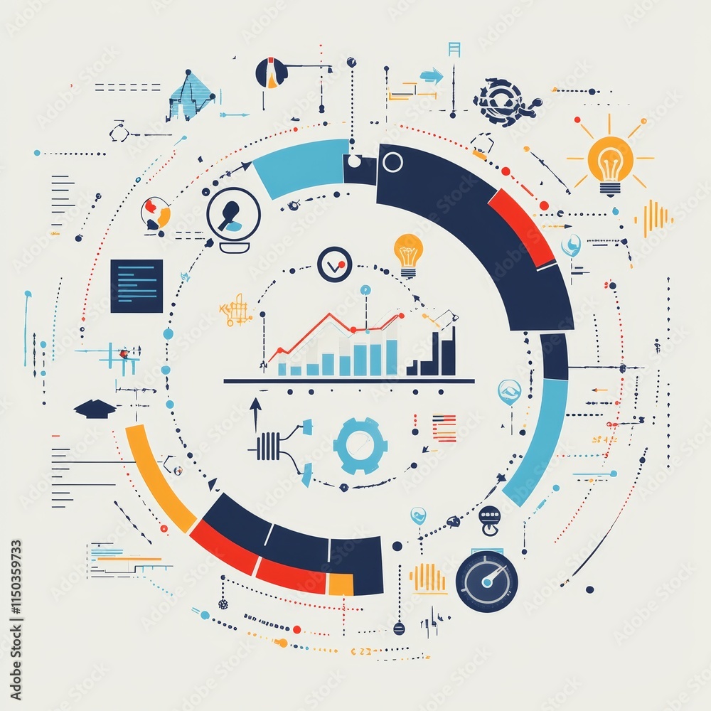 Fototapeta premium Visual Representation of Data Analysis and Technology Trends Showcased in a Colorful Infographic With Various Digital Elements and Statistics