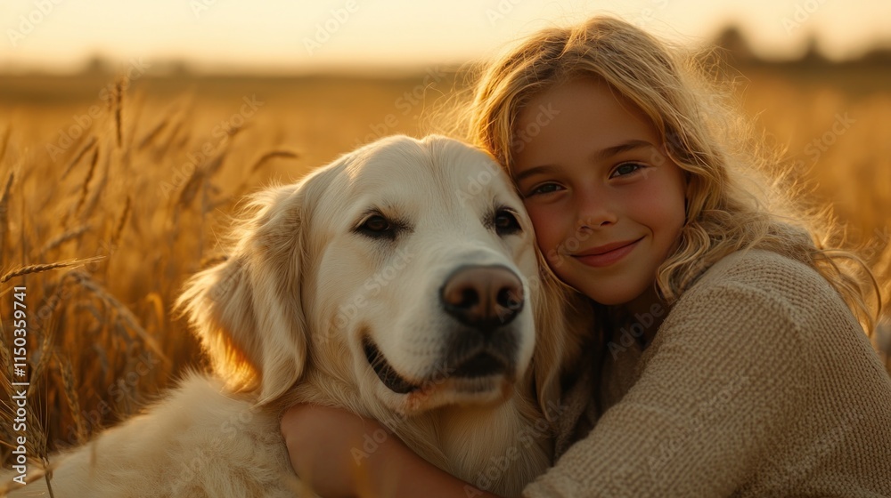 A girl embraces her golden retriever in a sunlit wheat field, showcasing companionship. A girl embraces her golden retriever in a sunlit wheat field, showcasing companionship.