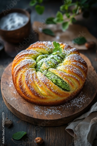 baked avocado bread sweet bun, placed on an elegant wooden board photo