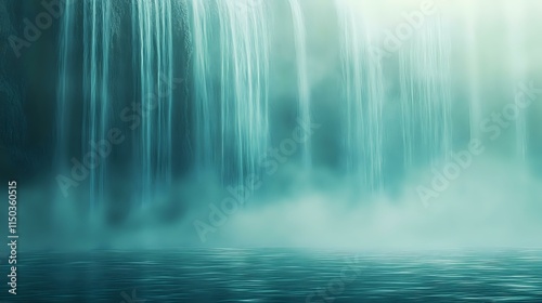 Abstract waterfall background with soft blue and green gradients, shimmering mist and glowing bokeh-like textures