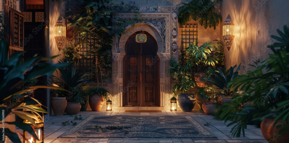 Obraz premium Abstract Islamic interior with lanterns, arches, doors and plants, blurred background. Ramadan Lantern. Background for Ramadan Kareem Greeting card, banner, wallpaper.