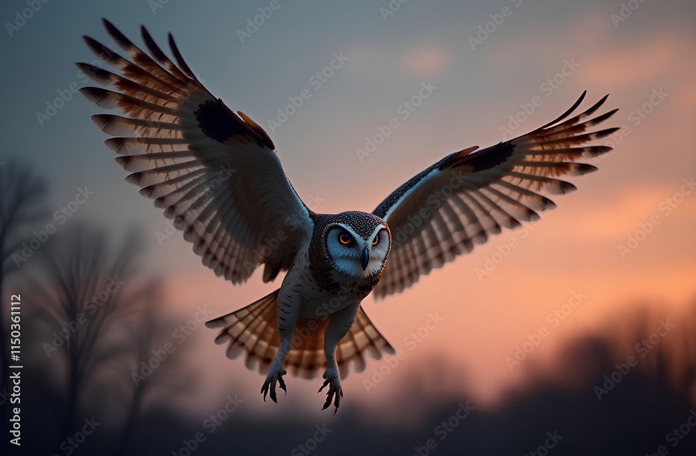 Fototapeta premium Owl in Mid-Flight Against a Twilight Sky
