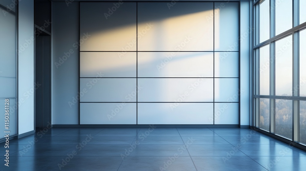Modern Empty Office Space With Large Windows Showcasing Natural Light and City Views During the Morning Hours Modern Empty Office Space With Large Windows Showcasing Natural Light and City Views During the Morning Hours