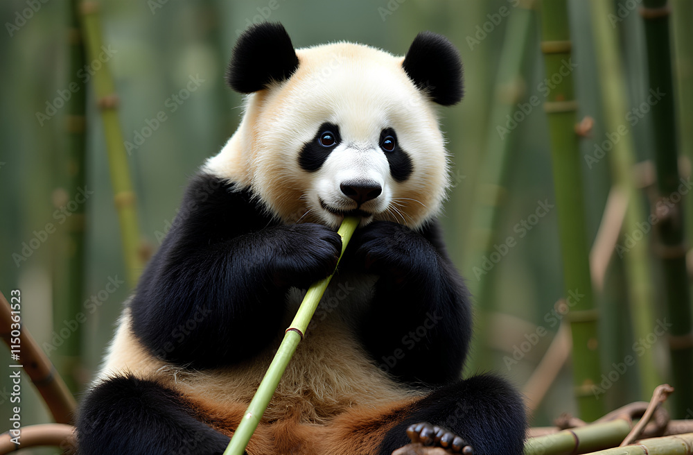 Panda Sitting Among Bamboo Trees Munching on Bamboo Shoots Panda Sitting Among Bamboo Trees Munching on Bamboo Shoots