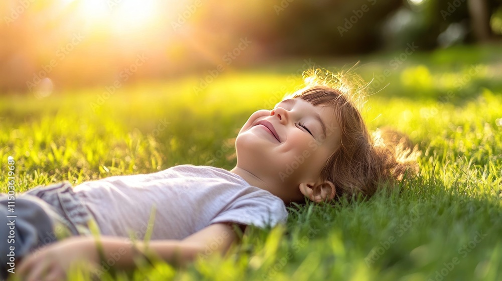 A child lying on grass, enjoying the warmth of the sun and the tranquility of nature. A child lying on grass, enjoying the warmth of the sun and the tranquility of nature.