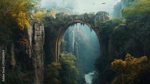 Panoramic view of a natural stone bridge in the forest, with towering rock cliffs on each side and a river flowing beneath background wallpaper AI generated image