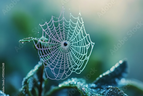 Wallpaper Mural Macro shot of a fresh, dew-covered spider web on a garden plant, Earth Day natureâ€™s beauty, intricate details, natural light. Torontodigital.ca