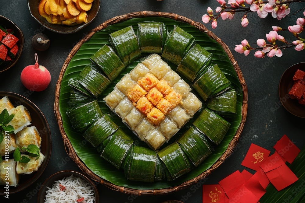 platter of Banh Chung tiles, surrounded by festive decorations for the Vietnamese Lunar New Year