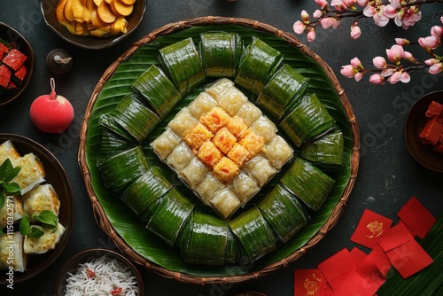 Obraz na płótnie platter of Banh Chung tiles, surrounded by festive decorations for the Vietnamese Lunar New Year w salonie