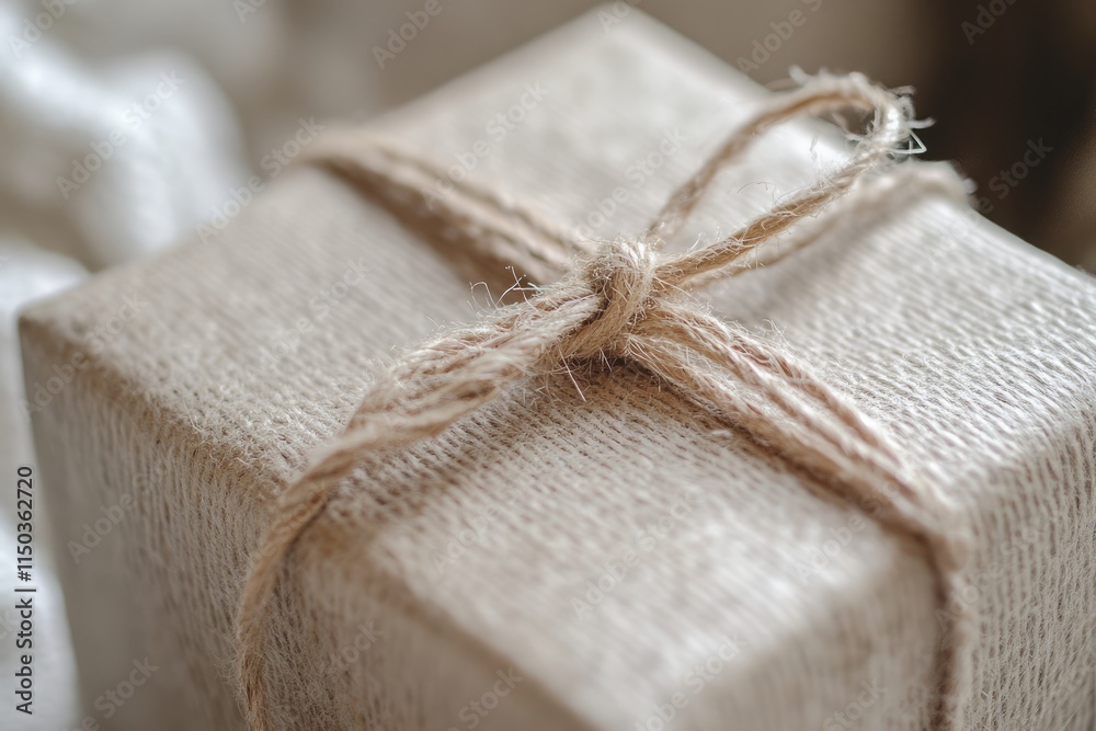 Macro shot of a recycled paper gift box wrapped with natural twine, Earth Day eco-friendly wrapping, clean and stylish. Macro shot of a recycled paper gift box wrapped with natural twine, Earth Day eco-friendly wrapping, clean and stylish.