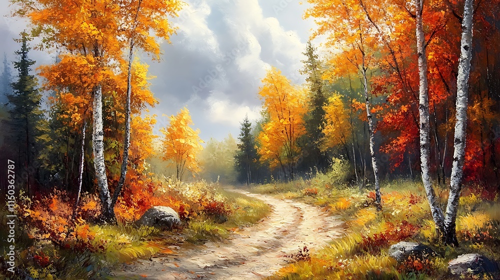 Autumnal landscape painting; winding dirt road through colorful forest with birch trees, rocks, and sunlight. Autumnal landscape painting; winding dirt road through colorful forest with birch trees, rocks, and sunlight.