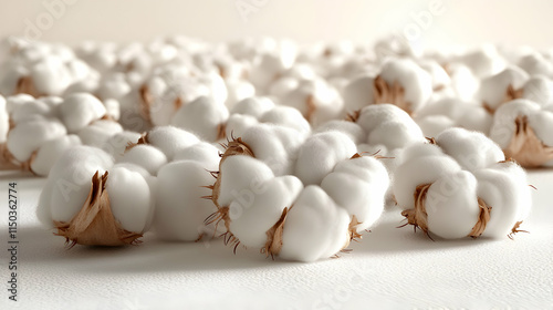 Close-up of fluffy cotton bolls on a white surface.