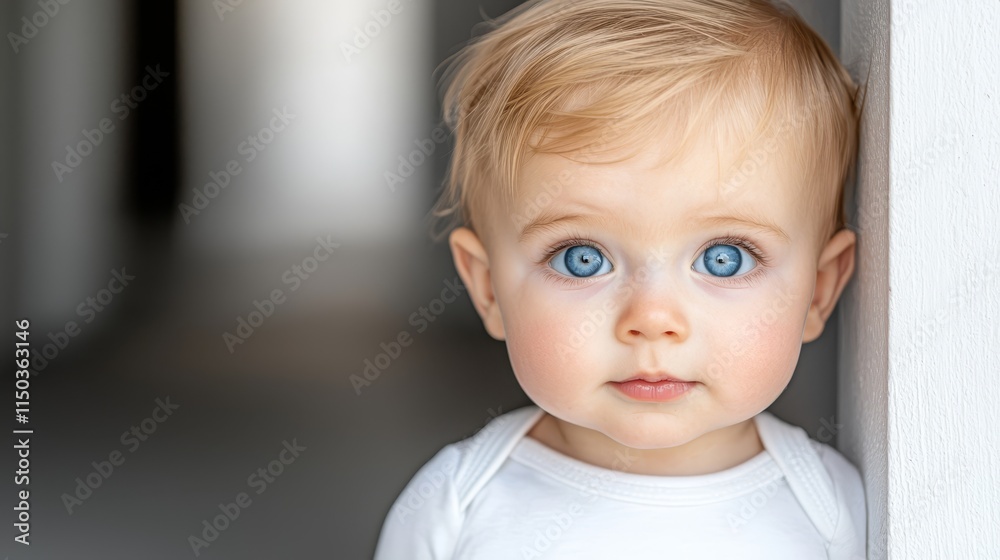 A small child with blue eyes peeking out from behind a wall A small child with blue eyes peeking out from behind a wall