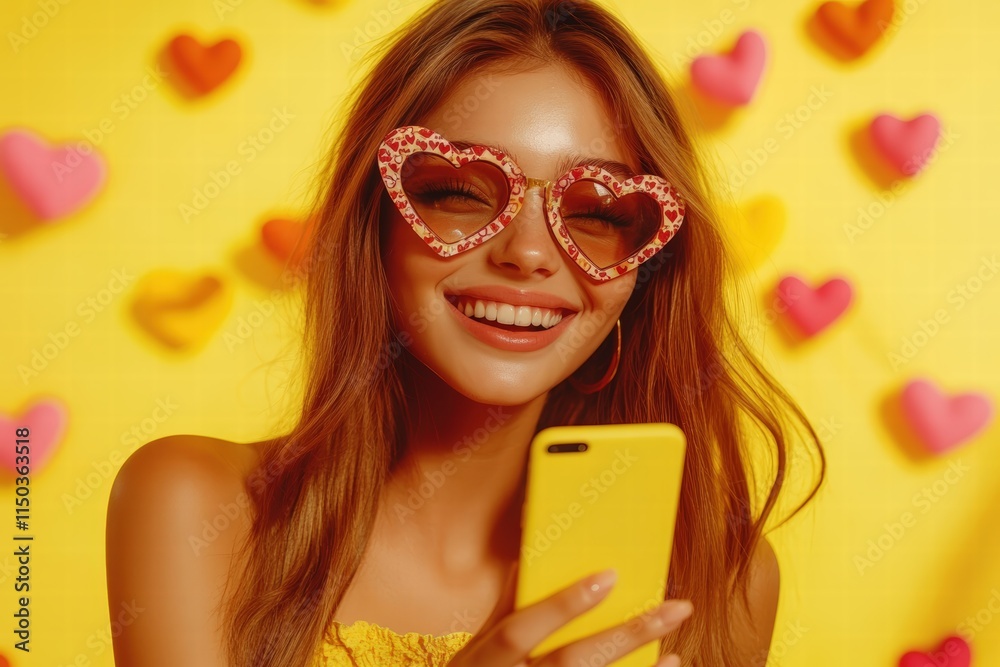 beautiful young woman with a radiant smile, wearing trendy heart-shaped sunglasses, chatting animatedly on her smartphone