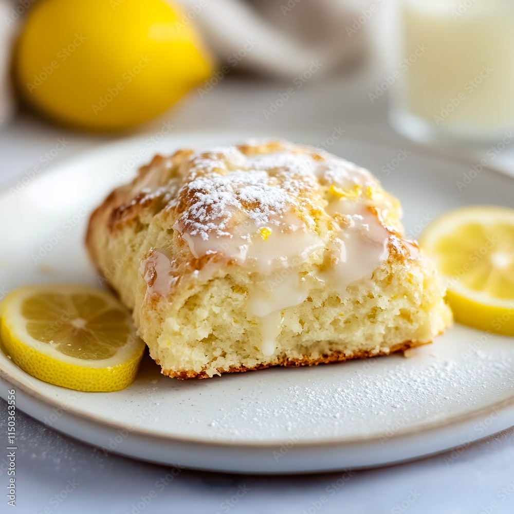 A delicious and fluffy lemon scone with a golden crust and a lemon glaze, served on a white plate, Lemon scone centered A delicious and fluffy lemon scone with a golden crust and a lemon glaze, served on a white plate, Lemon scone centered