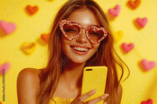 Obraz na płótnie beautiful young woman with a radiant smile, wearing trendy heart-shaped sunglasses, chatting animatedly on her smartphone w salonie