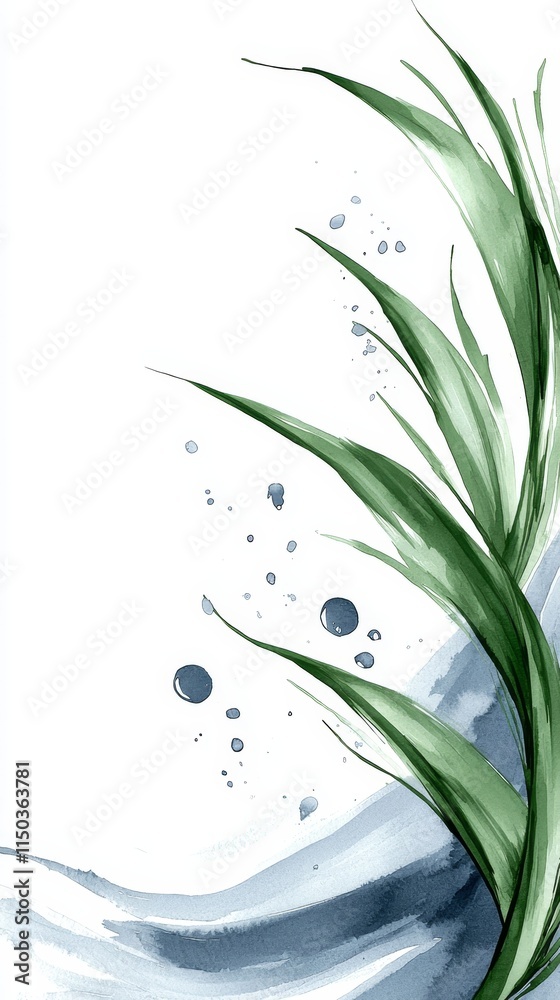 A watercolor painting of a plant with water droplets on it A watercolor painting of a plant with water droplets on it